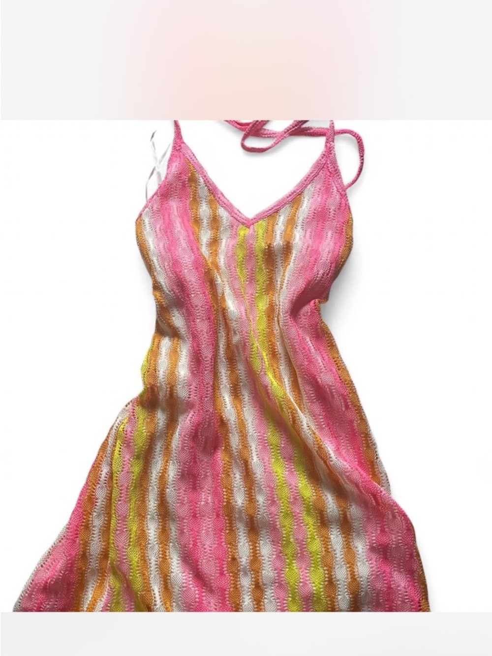 Striped Open-Knit Summer Sweater in Pink, White, Gold & Neon